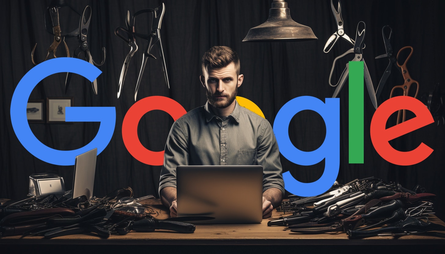 Hombre corta portátiles con el logotipo de Google