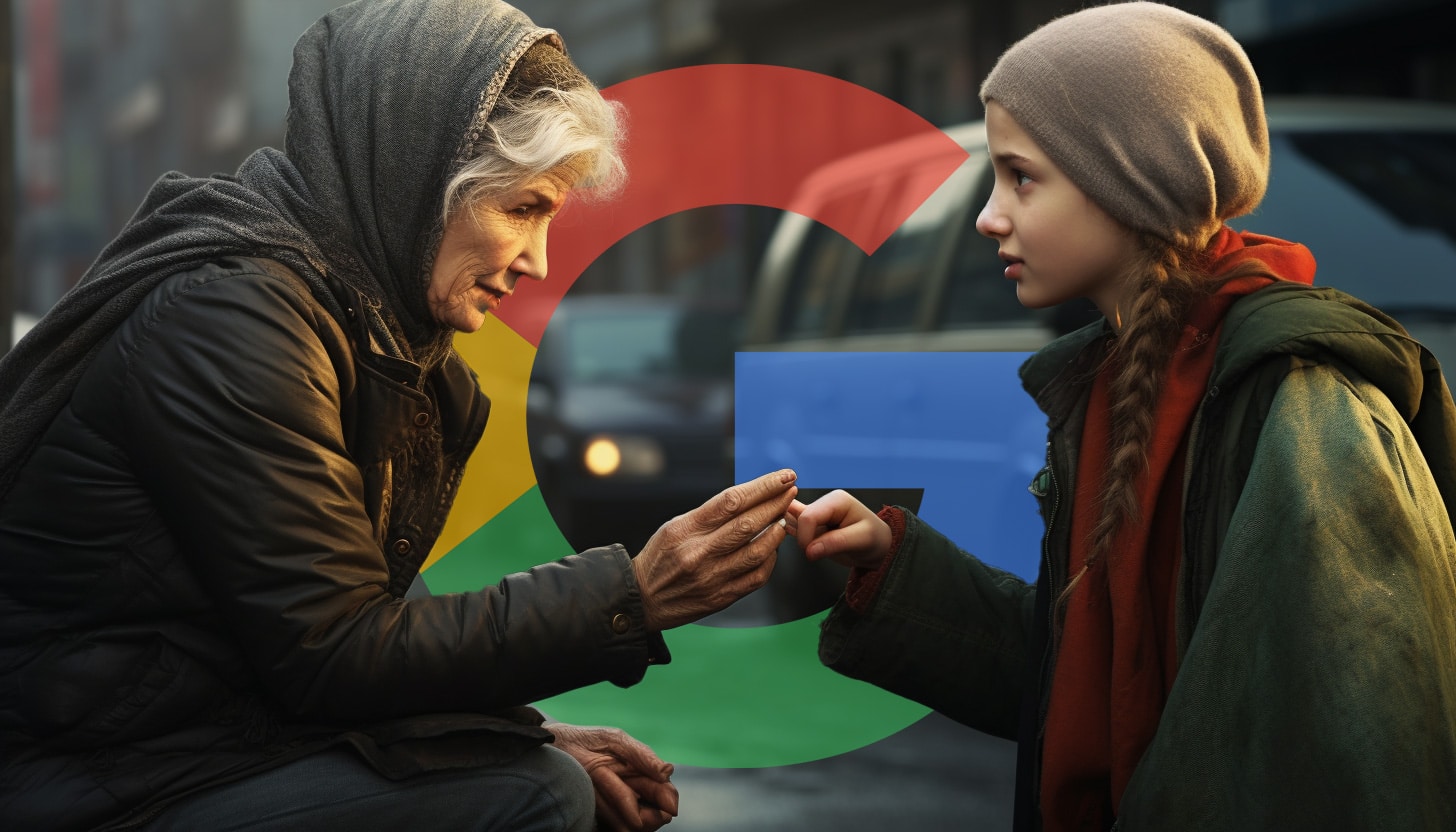 Anciana ayudando a joven con el logotipo de Google